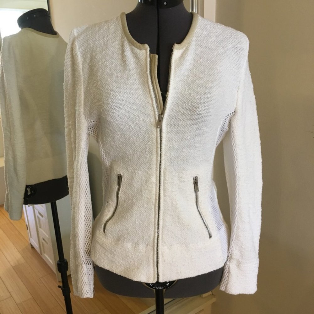 Iro ivory knit jacket with leather trim